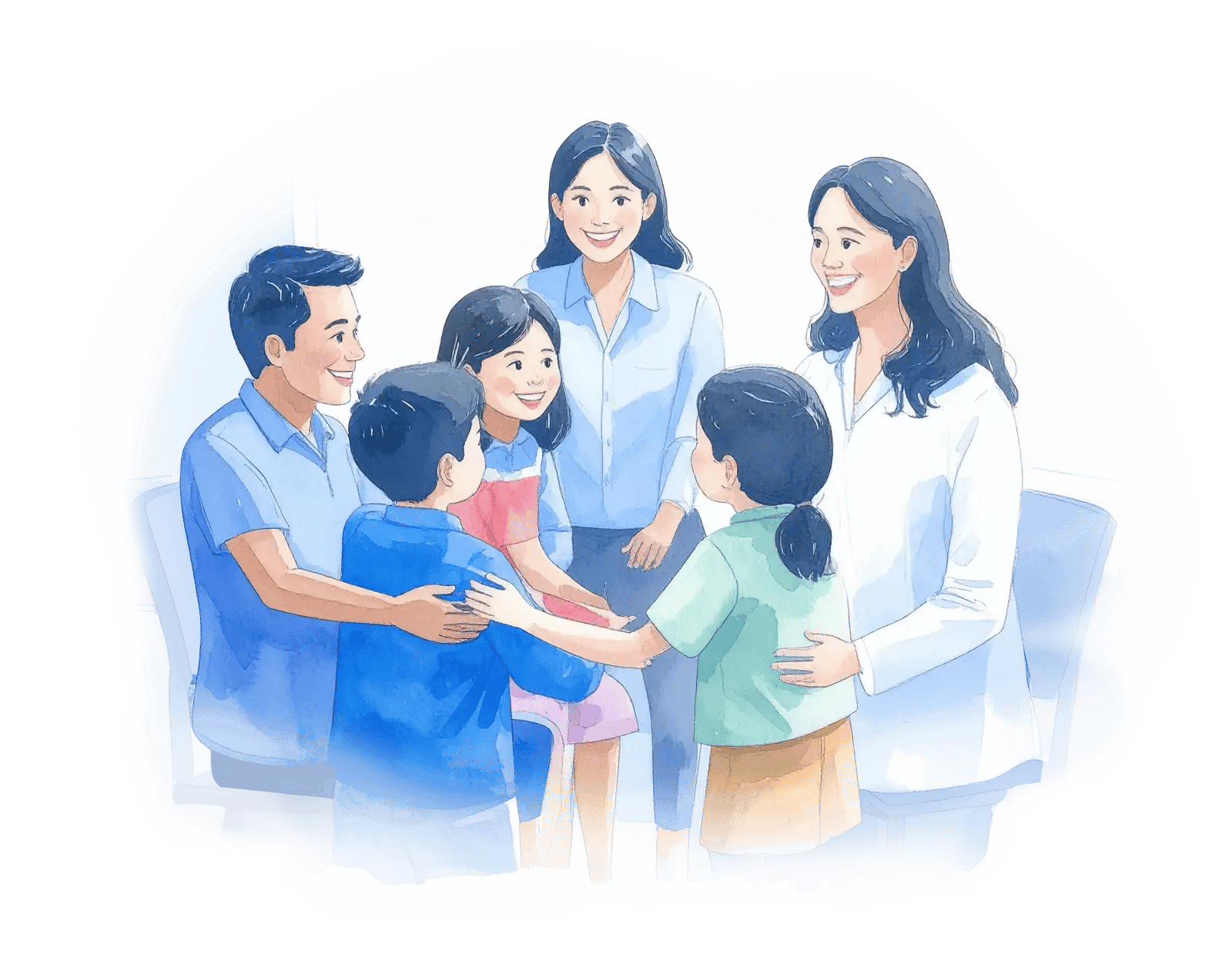 Firefly_A hispanic caseworker standing and smiling as children hug their mom and dad 914483