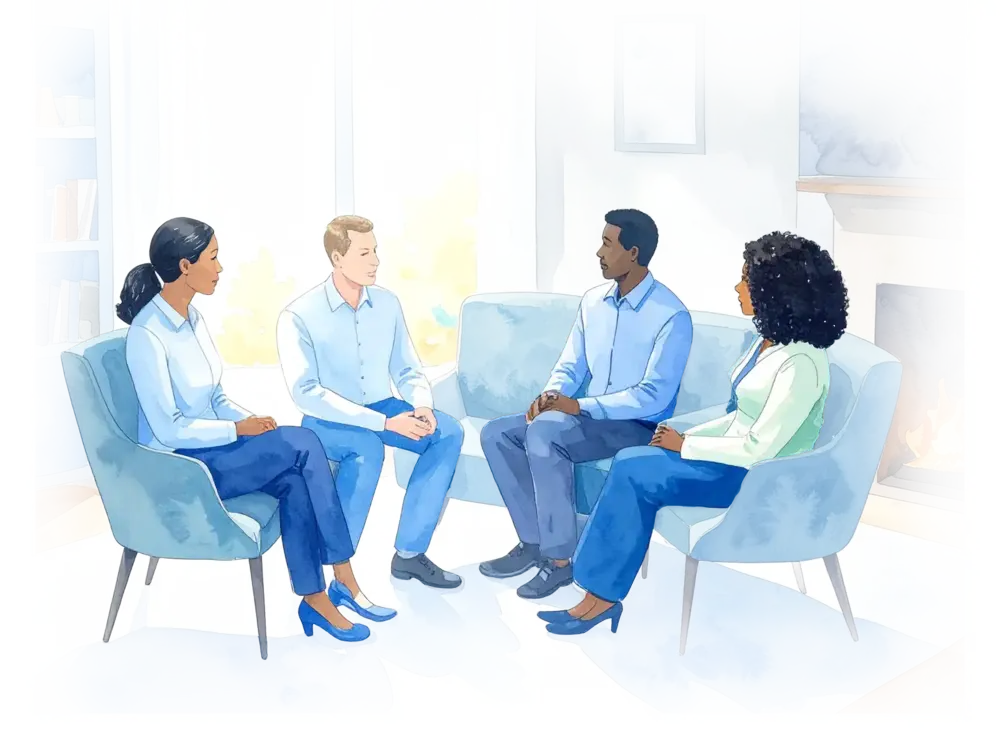 Firefly_A racially diverse group of 4 people conversing with 2 wearing business casual clothi 435599
